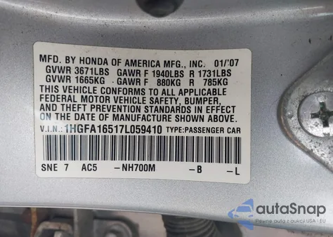 2007 Honda Civic Lx from USA, damaged, VIN 1HGFA16517L059410
